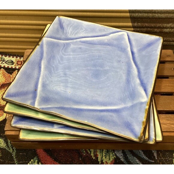 Pier 1 Discontinued Crackle Sushi Square Dishes Plates Set Of 4 Blue & Green - Picture 9 of 10